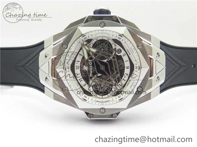 Big Bang Sang Bleu chrono SS B50 White Skeletonal Dial On Gummy Strap Asian 7750
