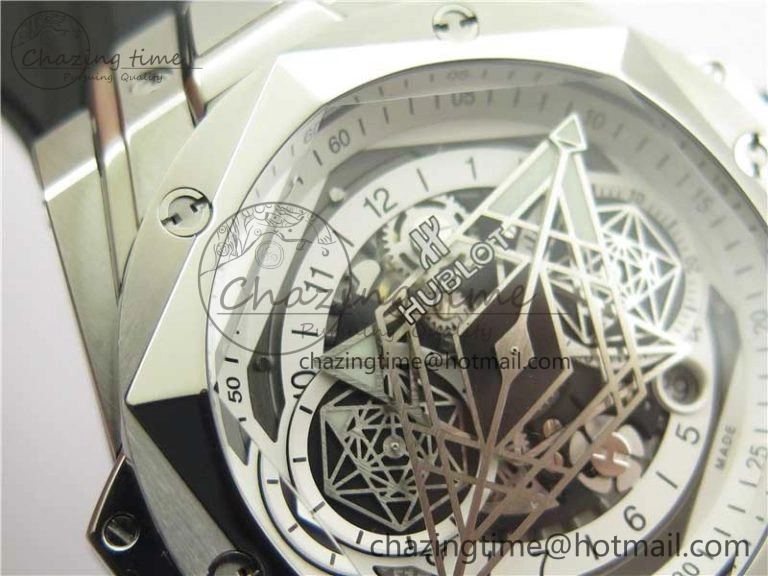 Big Bang Sang Bleu chrono SS B50 White Skeletonal Dial On Gummy Strap Asian 7750