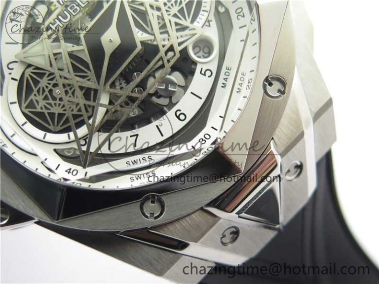 Big Bang Sang Bleu chrono SS B50 White Skeletonal Dial On Gummy Strap Asian 7750
