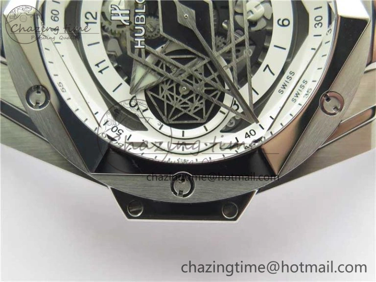 Big Bang Sang Bleu chrono SS B50 White Skeletonal Dial On Gummy Strap Asian 7750