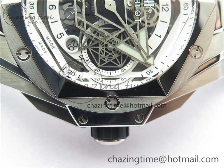 Big Bang Sang Bleu chrono SS B50 White Skeletonal Dial On Gummy Strap Asian 7750