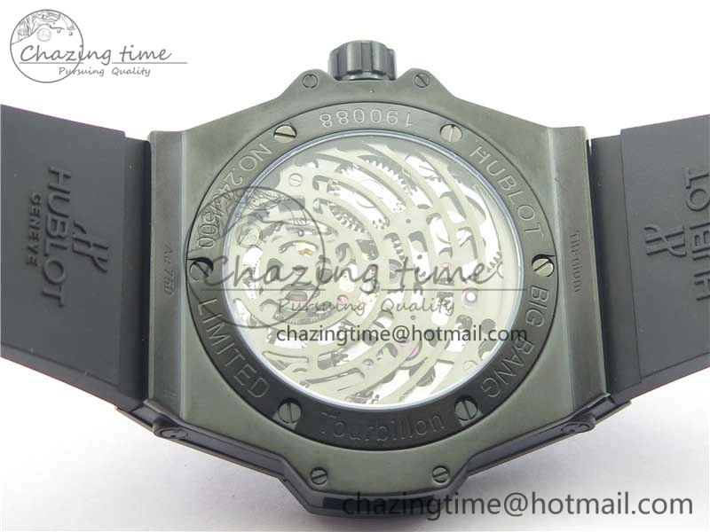 Big Bang Tourbillon King 45mm PVD MJF Best Edition Skeleton Dial on Black Rubber Strap