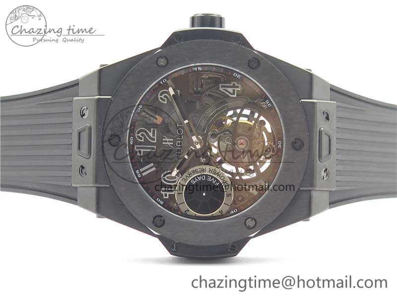 Big Bang Tourbillon King 45mm PVD MJF Best Edition Skeleton Dial on Black Rubber Strap