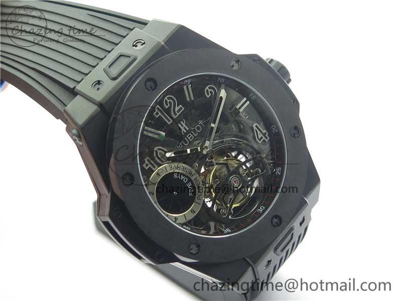 Big Bang Tourbillon King 45mm PVD MJF Best Edition Skeleton Dial on Black Rubber Strap