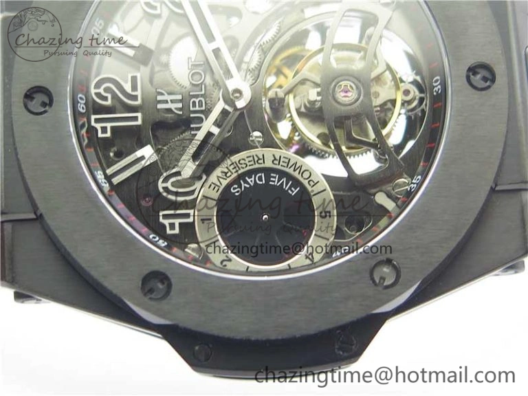 Big Bang Tourbillon King 45mm PVD MJF Best Edition Skeleton Dial on Black Rubber Strap
