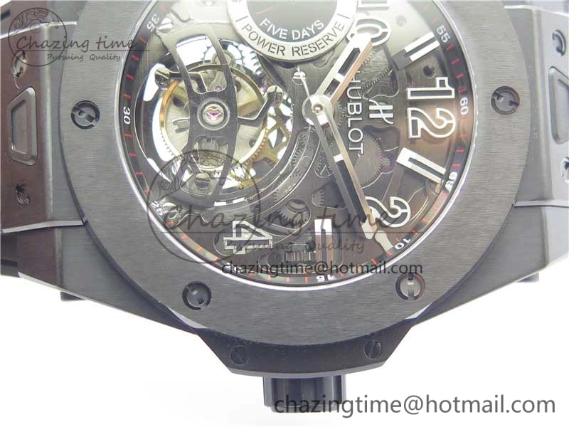 Big Bang Tourbillon King 45mm PVD MJF Best Edition Skeleton Dial on Black Rubber Strap