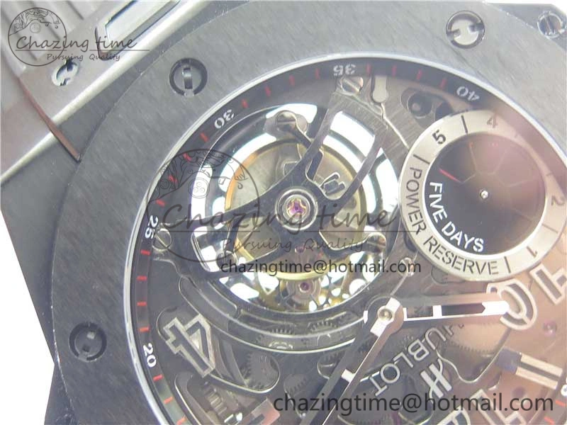 Big Bang Tourbillon King 45mm PVD MJF Best Edition Skeleton Dial on Black Rubber Strap