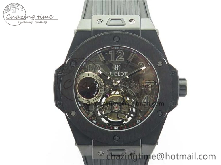 Big Bang Tourbillon King 45mm PVD MJF Best Edition Skeleton Dial on Black Rubber Strap