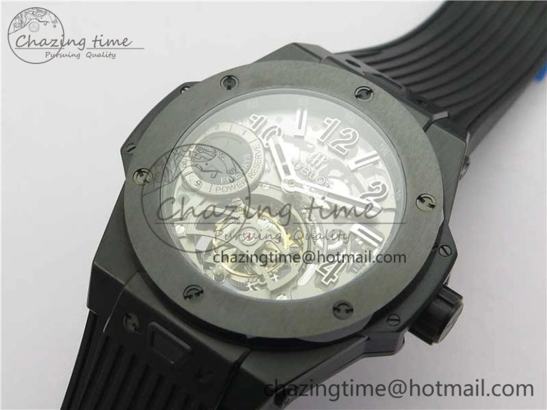 Big Bang Tourbillon King 45mm PVD MJF Best Edition Skeleton Dial on Black Rubber Strap