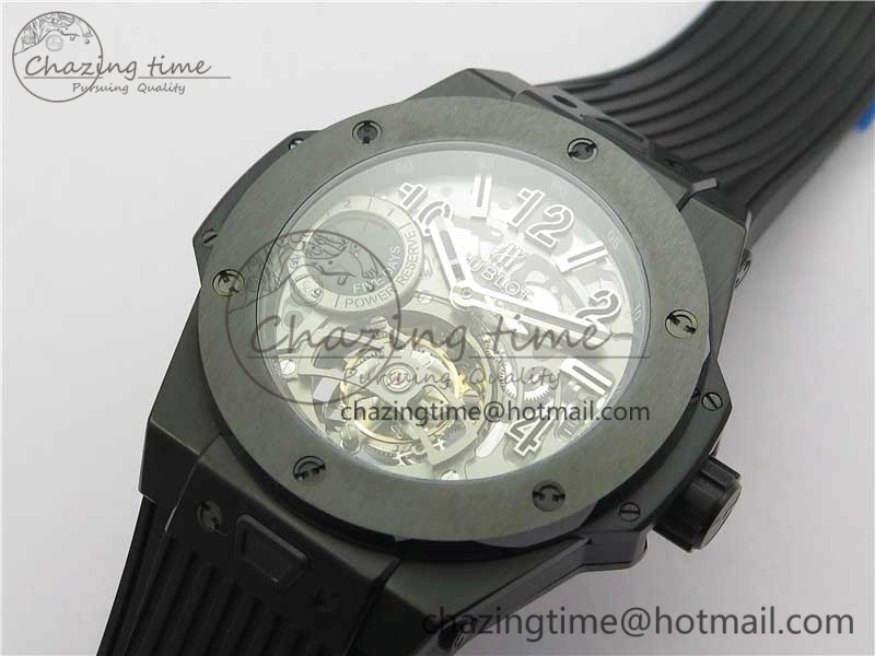 Big Bang Tourbillon King 45mm PVD MJF Best Edition Skeleton Dial on Black Rubber Strap