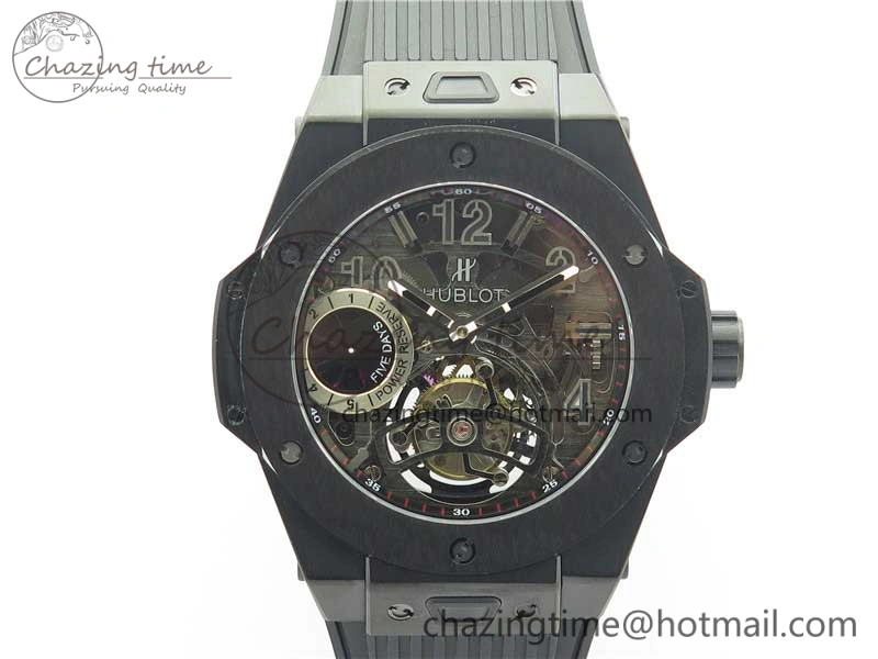 Big Bang Tourbillon King 45mm PVD MJF Best Edition Skeleton Dial on Black Rubber Strap