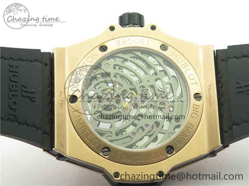 Big Bang Tourbillon King 45mm RG MJF Best Edition Skeleton Dial on Black Gummy Strap