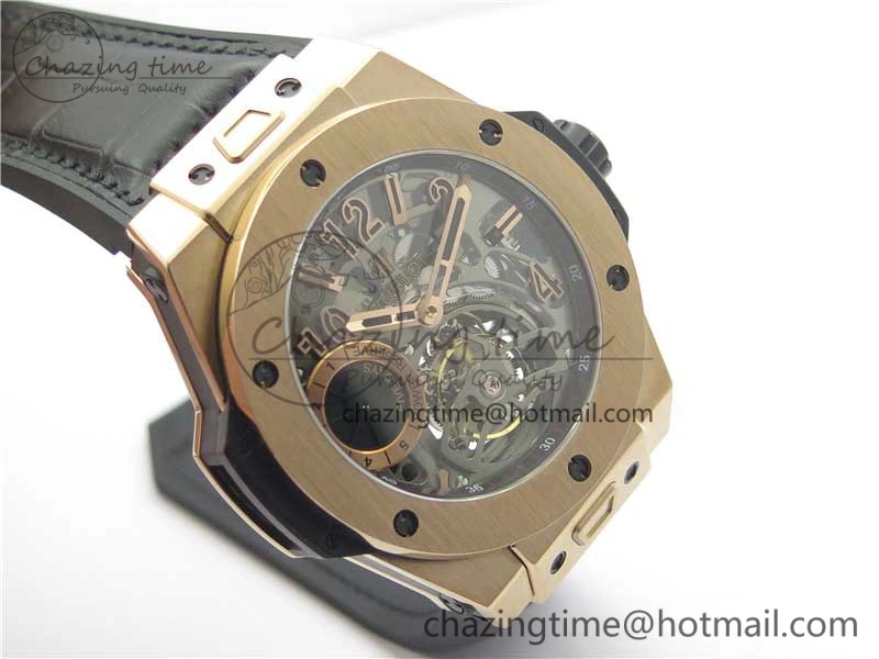 Big Bang Tourbillon King 45mm RG MJF Best Edition Skeleton Dial on Black Gummy Strap
