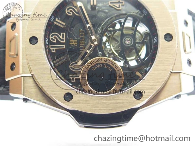 Big Bang Tourbillon King 45mm RG MJF Best Edition Skeleton Dial on Black Gummy Strap