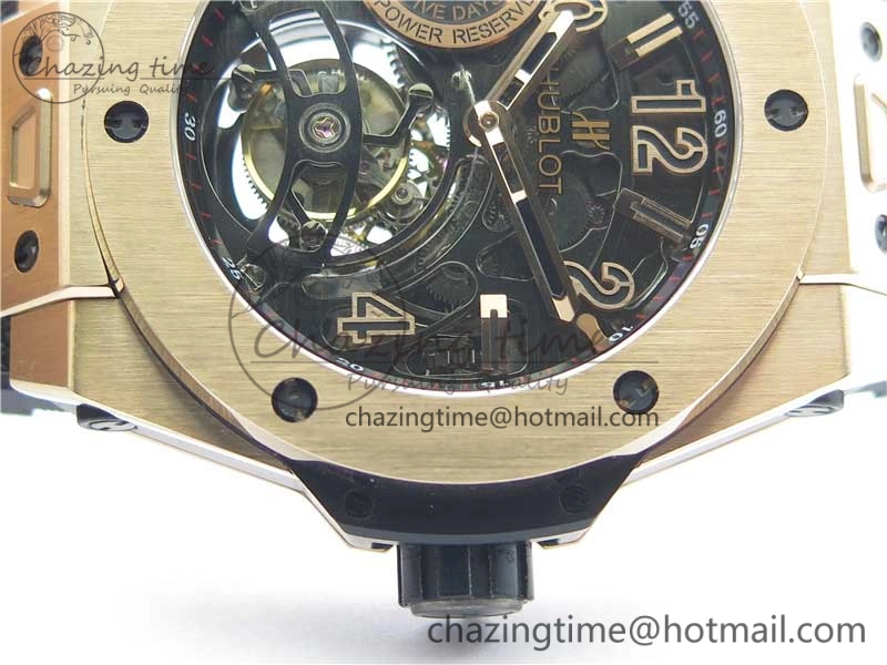 Big Bang Tourbillon King 45mm RG MJF Best Edition Skeleton Dial on Black Gummy Strap