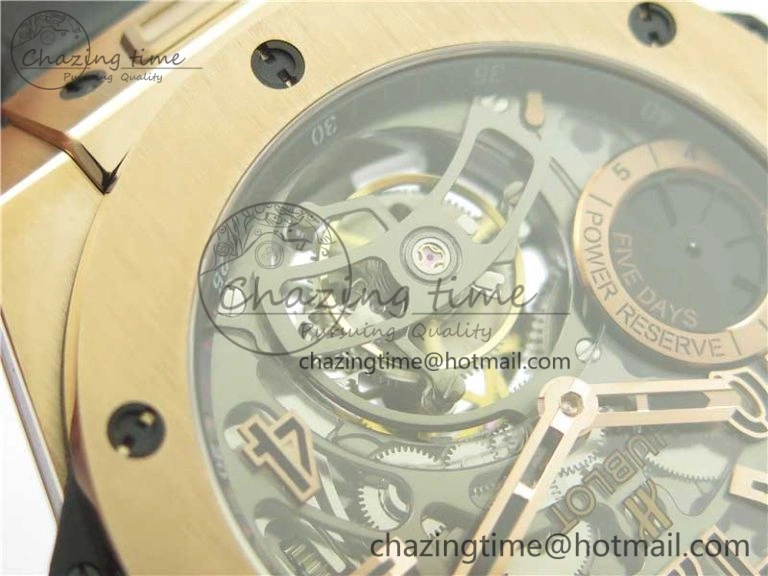 Big Bang Tourbillon King 45mm RG MJF Best Edition Skeleton Dial on Black Gummy Strap