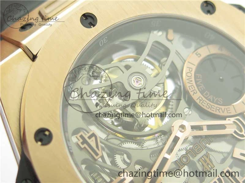 Big Bang Tourbillon King 45mm RG MJF Best Edition Skeleton Dial on Black Gummy Strap