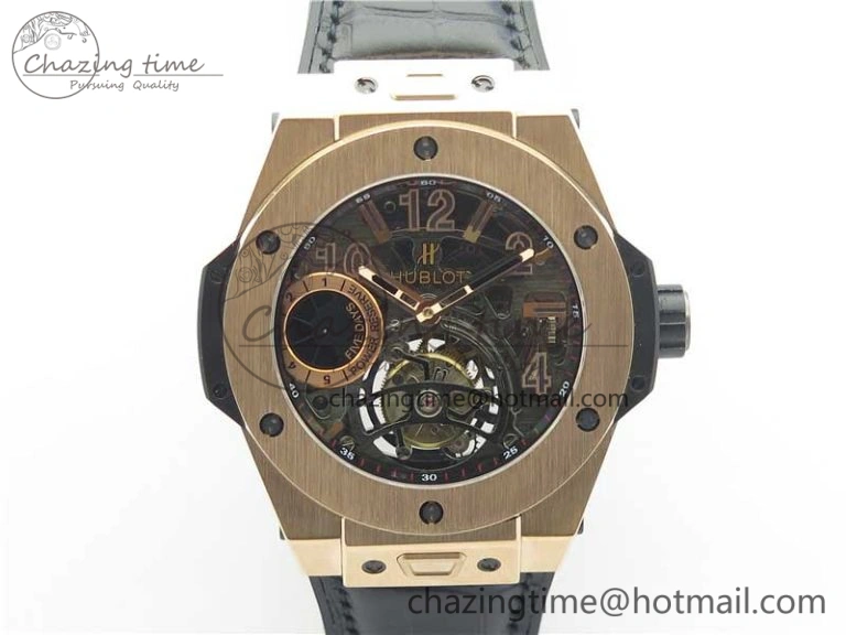 Big Bang Tourbillon King 45mm RG MJF Best Edition Skeleton Dial on Black Gummy Strap