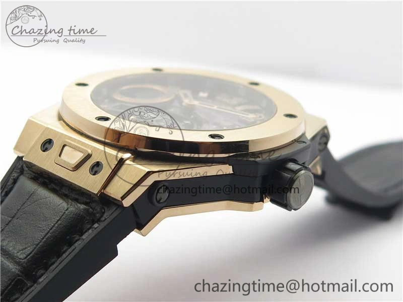 Big Bang Tourbillon King 45mm RG MJF Best Edition Skeleton Dial on Black Gummy Strap
