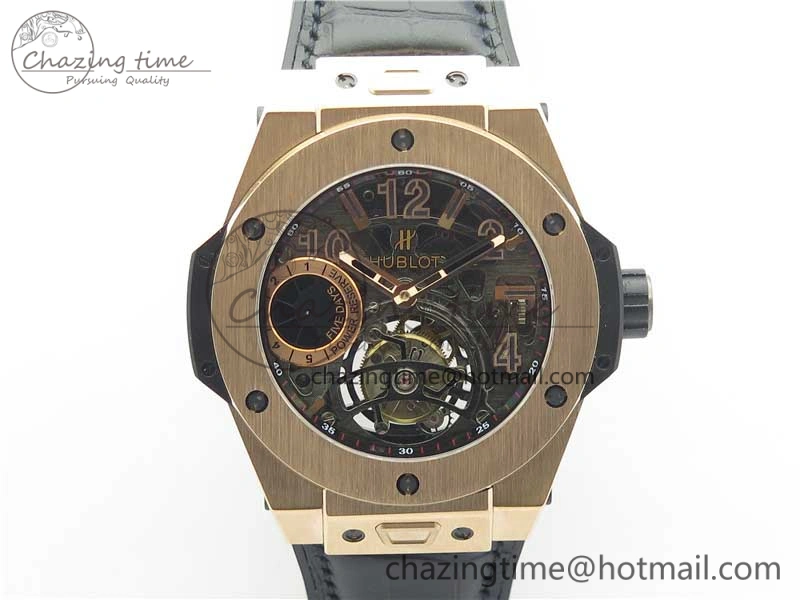 Big Bang Tourbillon King 45mm RG MJF Best Edition Skeleton Dial on Black Gummy Strap