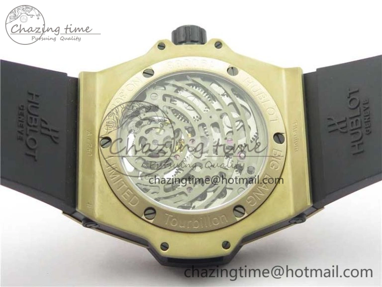 Big Bang Tourbillon King 45mm YG MJF Best Edition Skeleton Dial on Black Rubber Strap