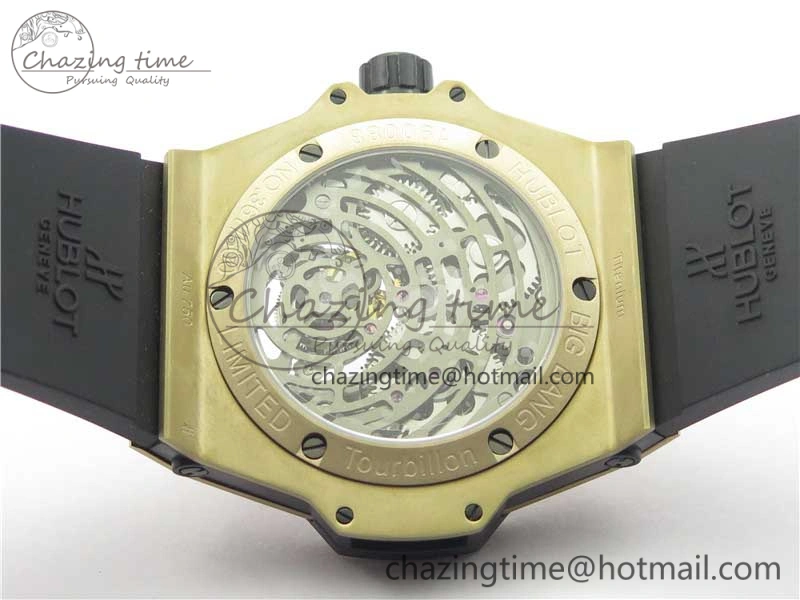 Big Bang Tourbillon King 45mm YG MJF Best Edition Skeleton Dial on Black Rubber Strap