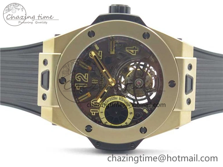 Big Bang Tourbillon King 45mm YG MJF Best Edition Skeleton Dial on Black Rubber Strap