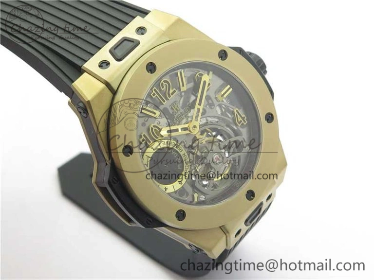 Big Bang Tourbillon King 45mm YG MJF Best Edition Skeleton Dial on Black Rubber Strap