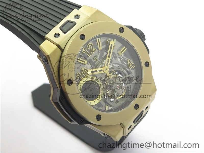 Big Bang Tourbillon King 45mm YG MJF Best Edition Skeleton Dial on Black Rubber Strap