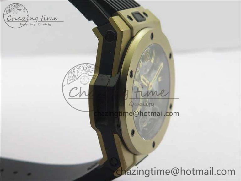 Big Bang Tourbillon King 45mm YG MJF Best Edition Skeleton Dial on Black Rubber Strap