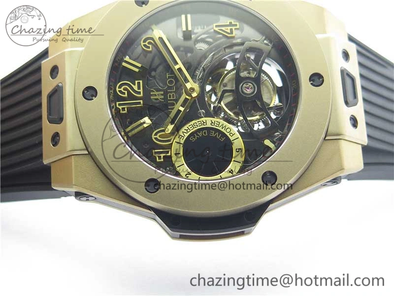 Big Bang Tourbillon King 45mm YG MJF Best Edition Skeleton Dial on Black Rubber Strap
