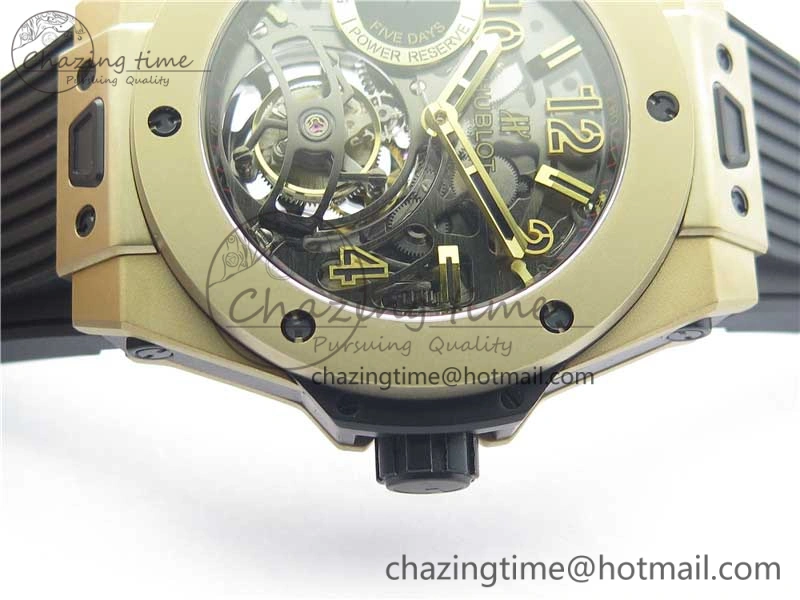 Big Bang Tourbillon King 45mm YG MJF Best Edition Skeleton Dial on Black Rubber Strap