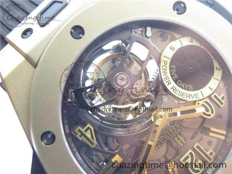 Big Bang Tourbillon King 45mm YG MJF Best Edition Skeleton Dial on Black Rubber Strap