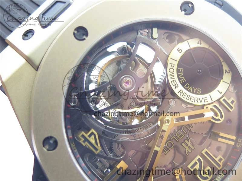 Big Bang Tourbillon King 45mm YG MJF Best Edition Skeleton Dial on Black Rubber Strap