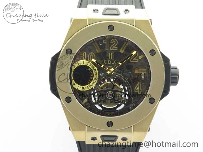 Big Bang Tourbillon King 45mm YG MJF Best Edition Skeleton Dial on Black Rubber Strap
