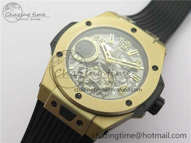 Big Bang Tourbillon King 45mm YG MJF Best Edition Skeleton Dial on Black Rubber Strap