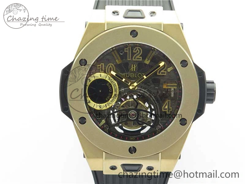 Big Bang Tourbillon King 45mm YG MJF Best Edition Skeleton Dial on Black Rubber Strap