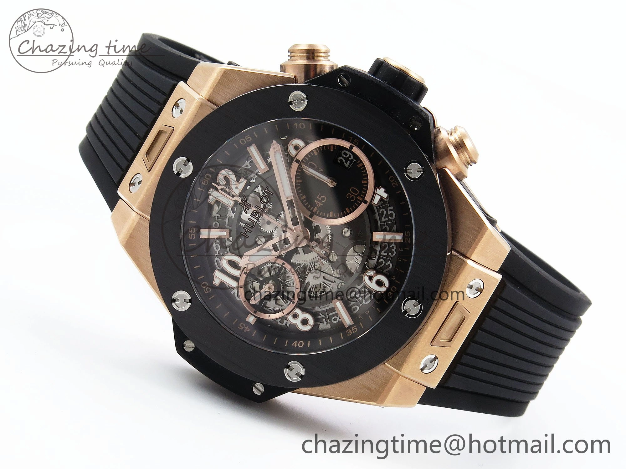 Big Bang Unico 42mm RG BBF 1:1 Best Edition Skeleton Dial Black Ceramic Bezel on Black Rubber Strap A1280 V2