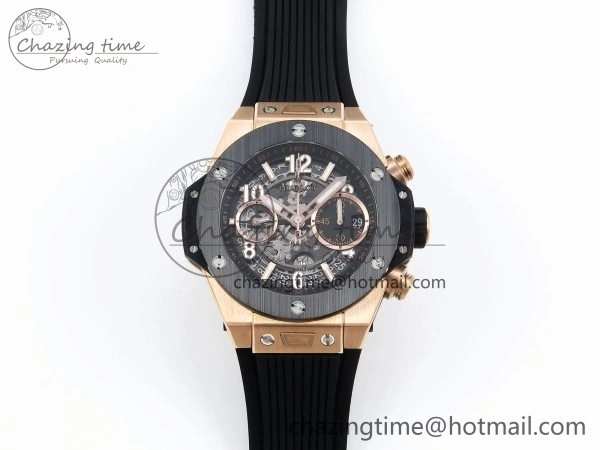 Big Bang Unico 42mm RG BBF 1:1 Best Edition Skeleton Dial Black Ceramic Bezel on Black Rubber Strap A1280 V2