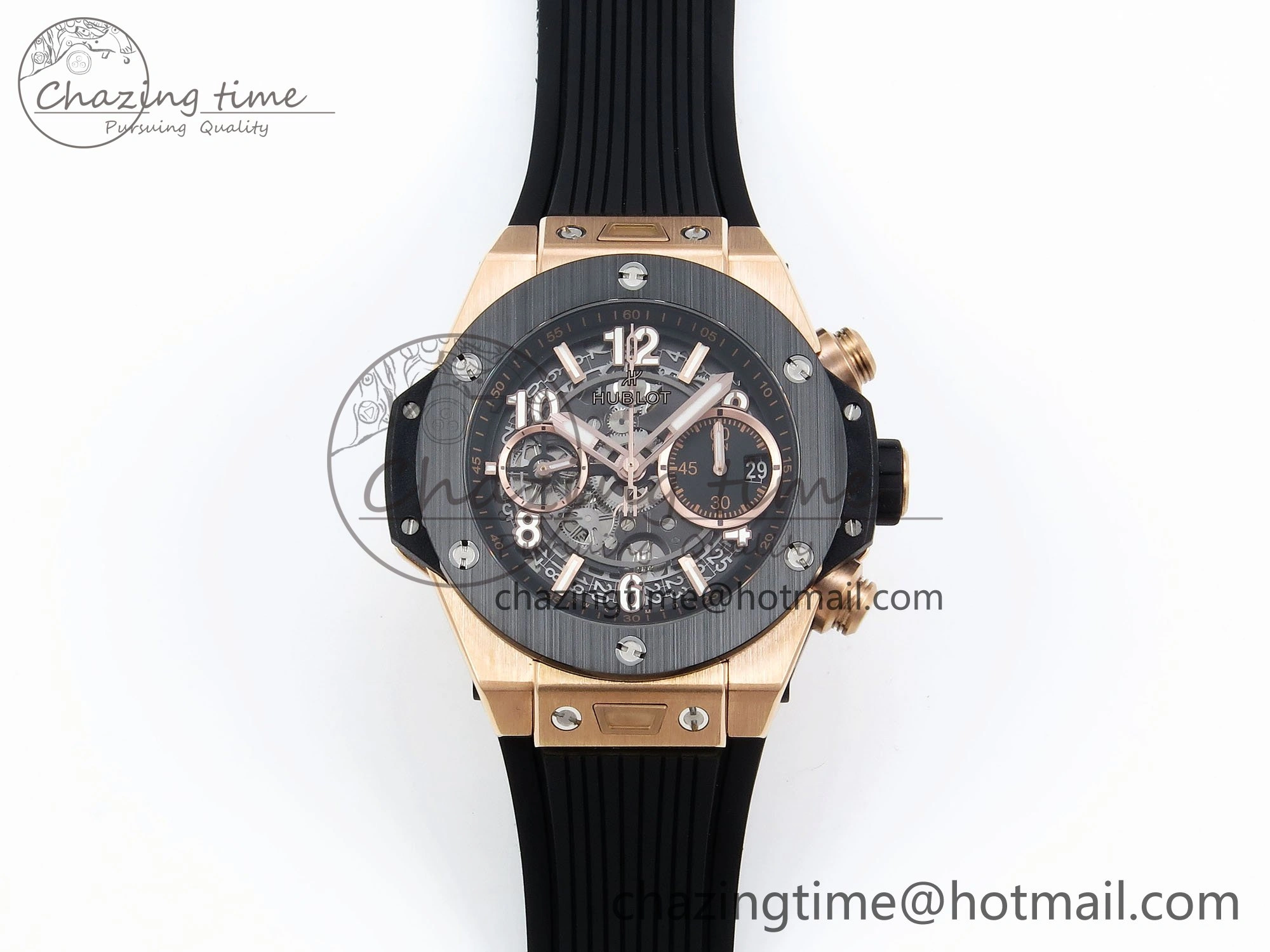 Big Bang Unico 42mm RG BBF 1:1 Best Edition Skeleton Dial Black Ceramic Bezel on Black Rubber Strap A1280 V2