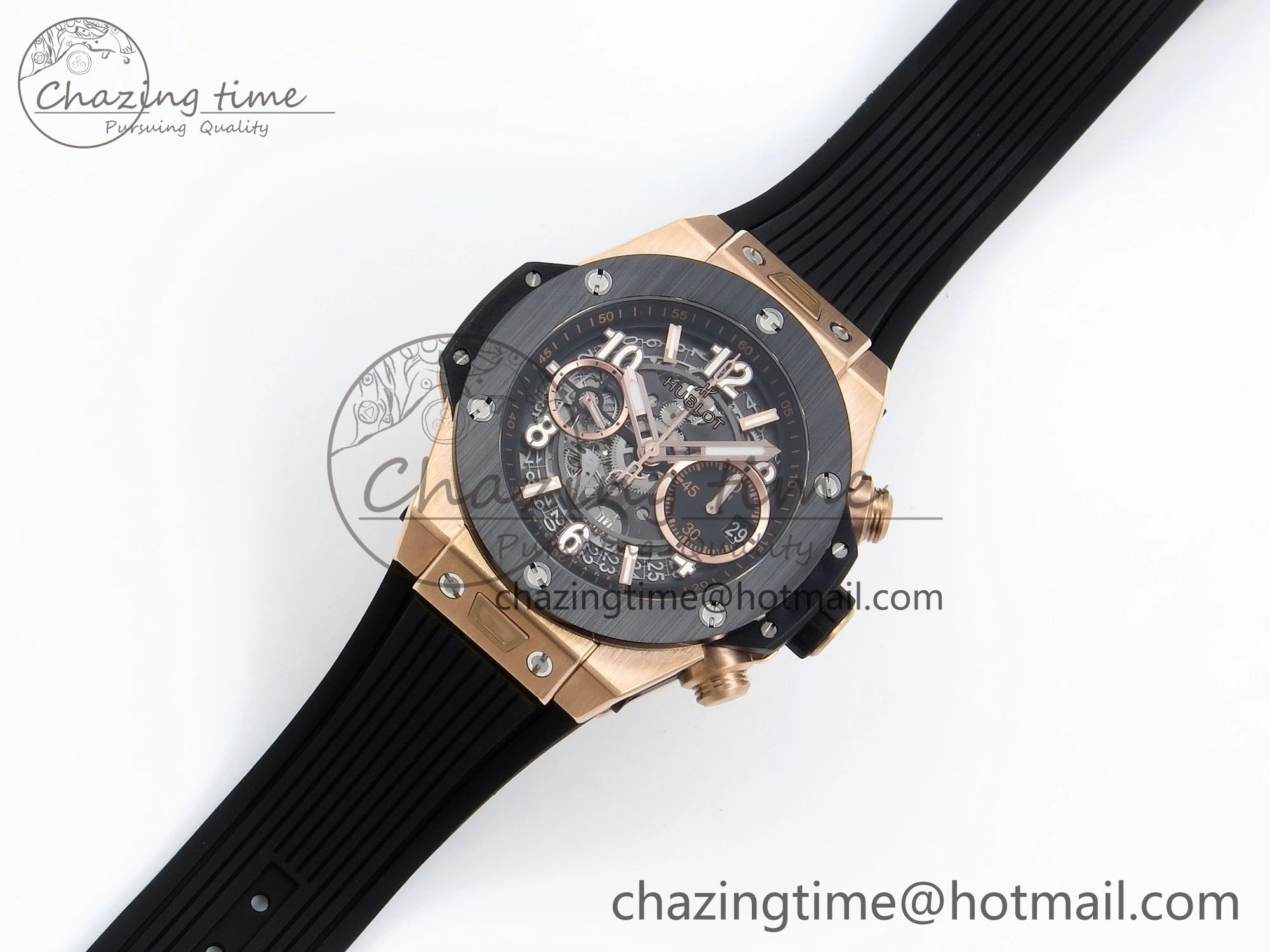 Big Bang Unico 42mm RG BBF 1:1 Best Edition Skeleton Dial Black Ceramic Bezel on Black Rubber Strap A1280 V2