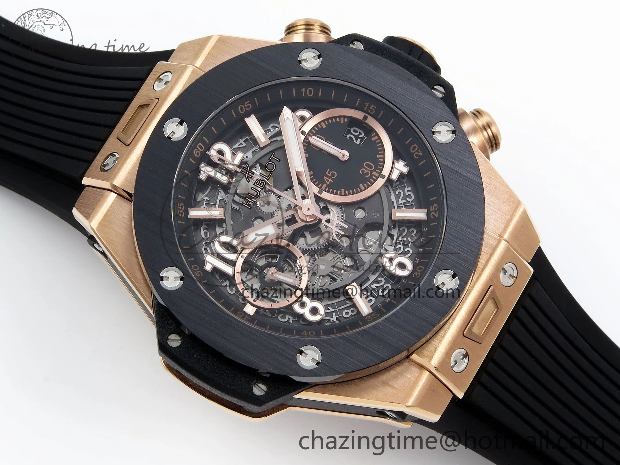 Big Bang Unico 42mm RG BBF 1:1 Best Edition Skeleton Dial Black Ceramic Bezel on Black Rubber Strap A1280 V2