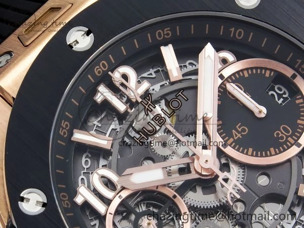 Big Bang Unico 42mm RG BBF 1:1 Best Edition Skeleton Dial Black Ceramic Bezel on Black Rubber Strap A1280 V2