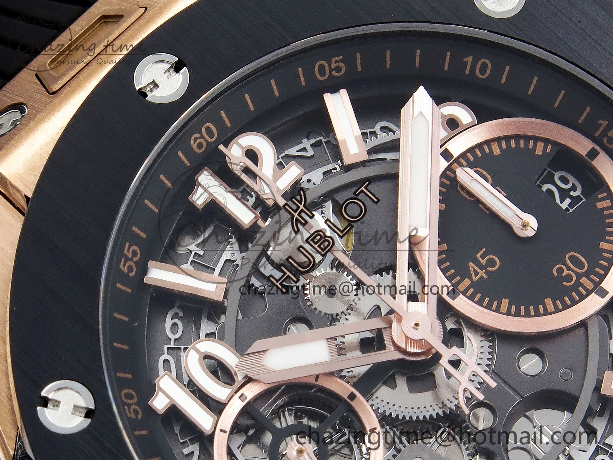 Big Bang Unico 42mm RG BBF 1:1 Best Edition Skeleton Dial Black Ceramic Bezel on Black Rubber Strap A1280 V2