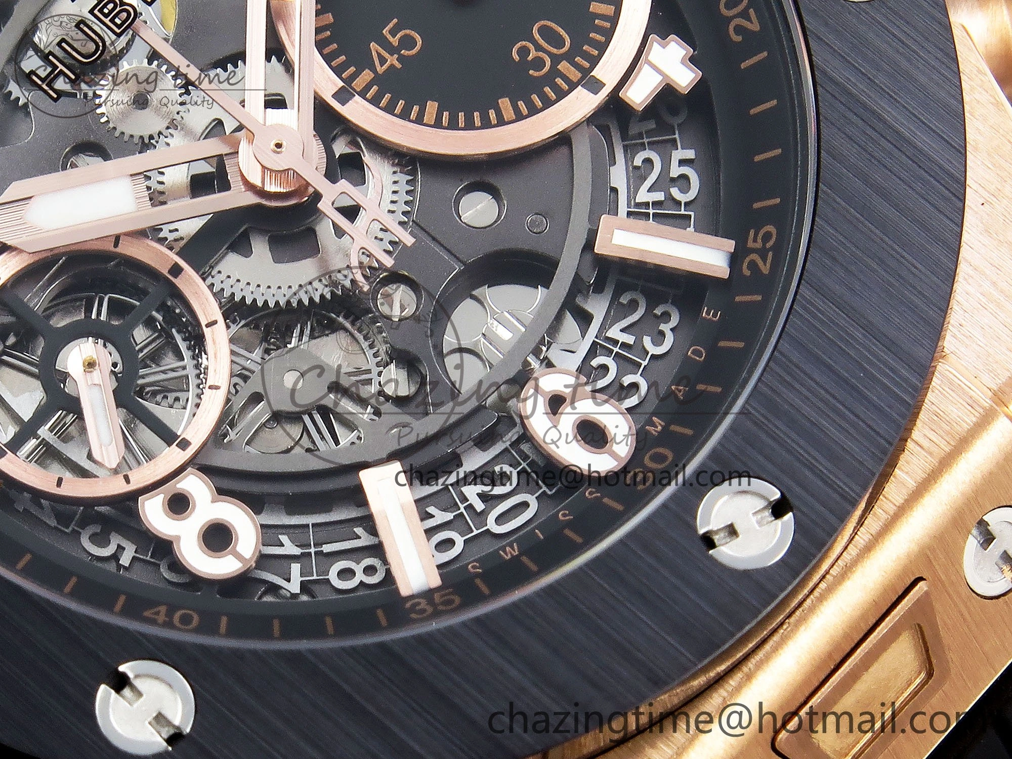 Big Bang Unico 42mm RG BBF 1:1 Best Edition Skeleton Dial Black Ceramic Bezel on Black Rubber Strap A1280 V2