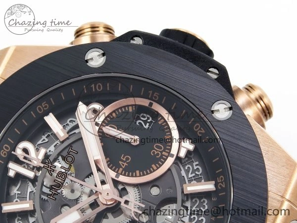 Big Bang Unico 42mm RG BBF 1:1 Best Edition Skeleton Dial Black Ceramic Bezel on Black Rubber Strap A1280 V2