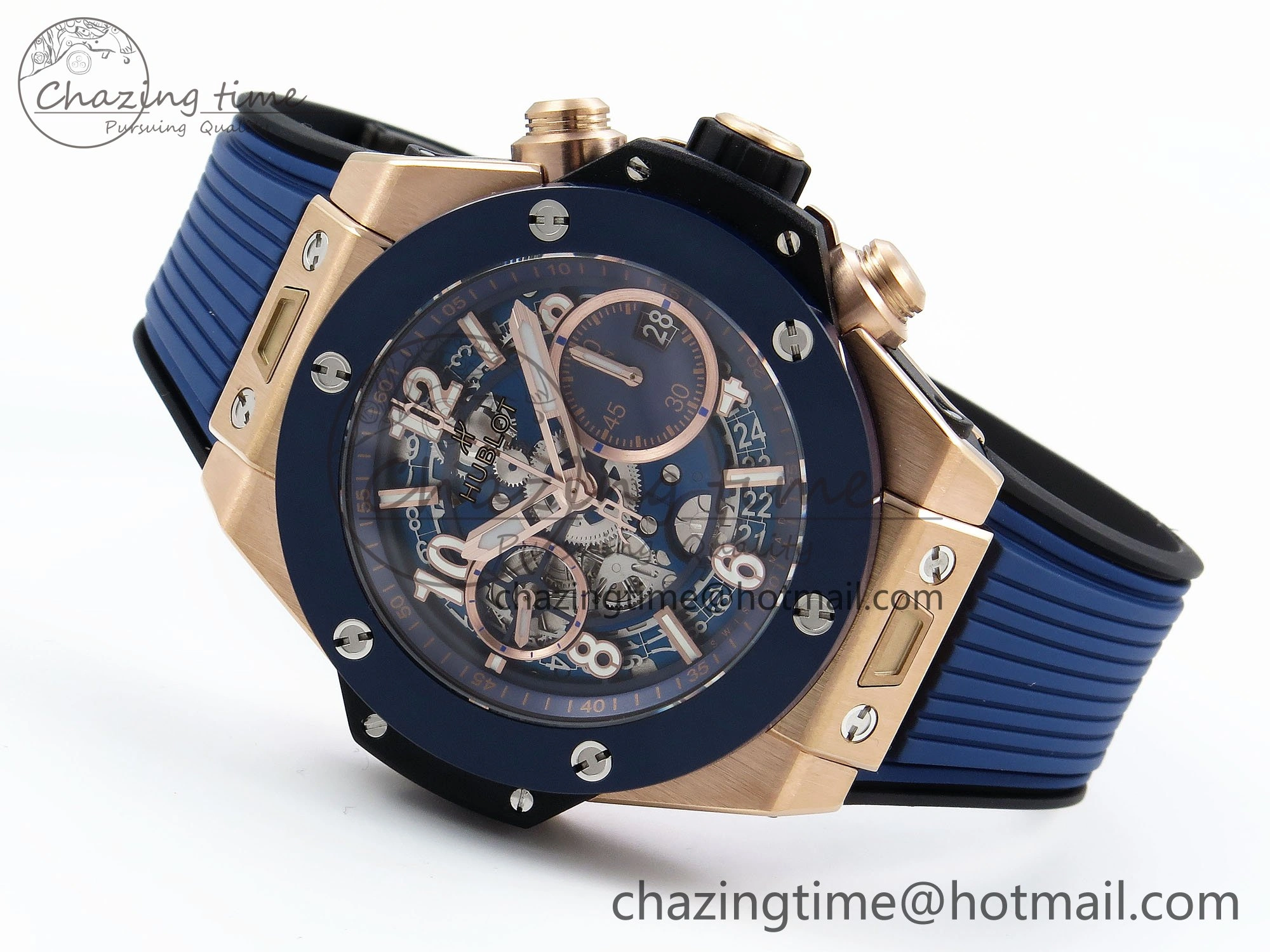 Big Bang Unico 42mm RG BBF 1:1 Best Edition Skeleton Dial Blue Ceramic Bezel on Blue Rubber Strap A1280 V2