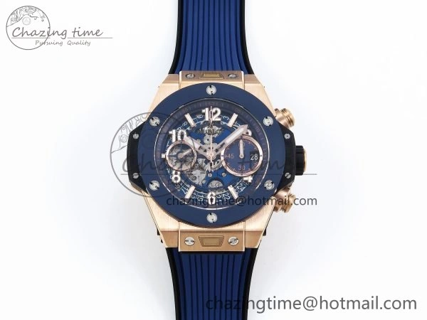 Big Bang Unico 42mm RG BBF 1:1 Best Edition Skeleton Dial Blue Ceramic Bezel on Blue Rubber Strap A1280 V2