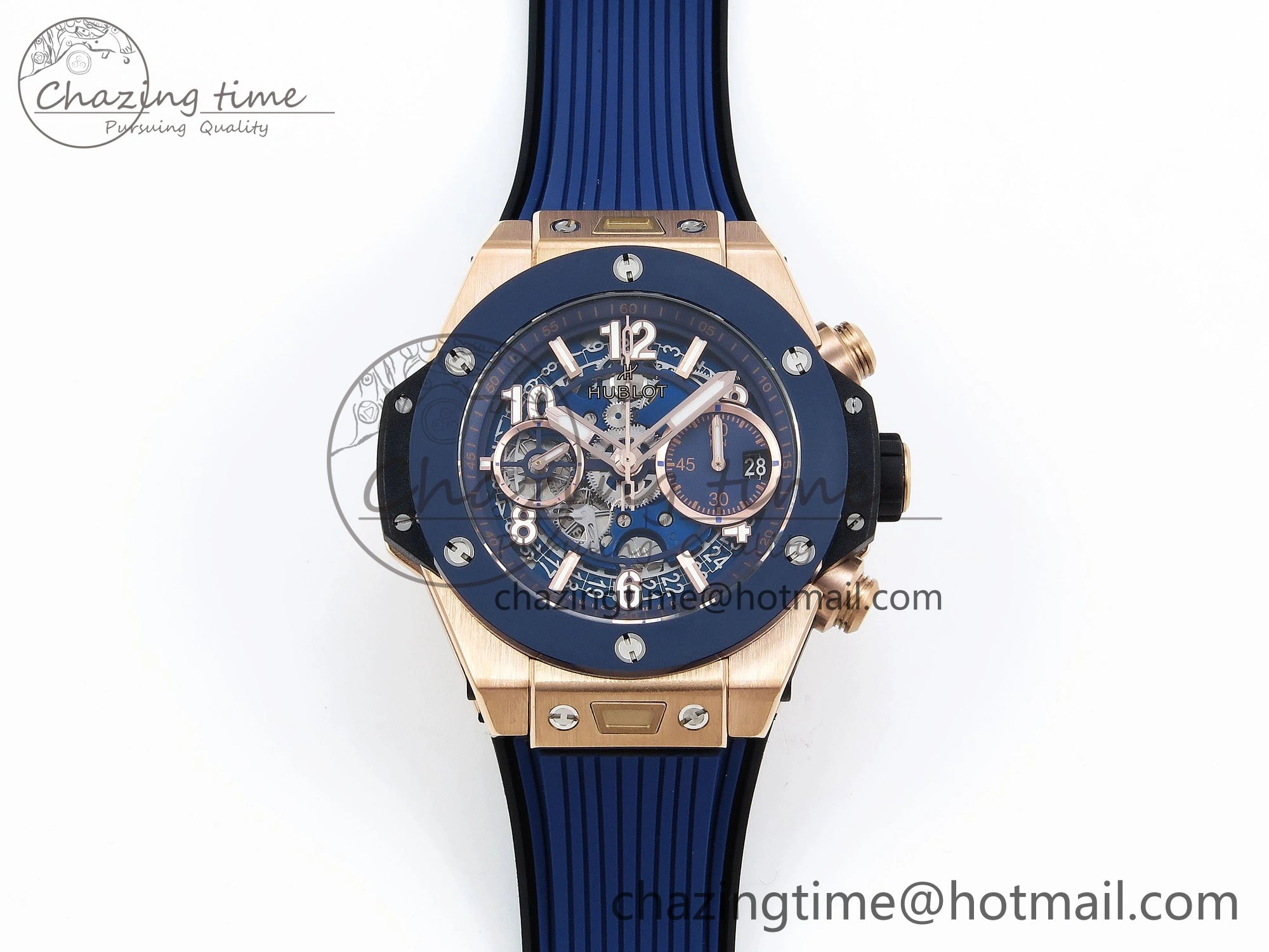 Big Bang Unico 42mm RG BBF 1:1 Best Edition Skeleton Dial Blue Ceramic Bezel on Blue Rubber Strap A1280 V2