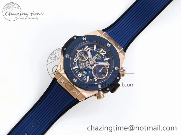 Big Bang Unico 42mm RG BBF 1:1 Best Edition Skeleton Dial Blue Ceramic Bezel on Blue Rubber Strap A1280 V2